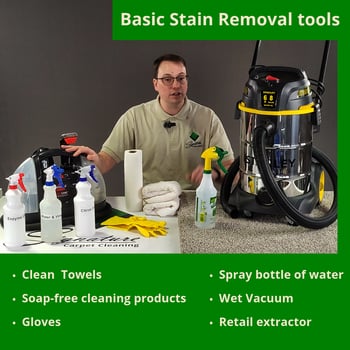 A graphic displaying and listing all the tool needed for carpet stain removal