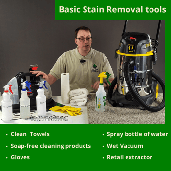 A graphic displaying and listing all the tool needed for carpet stain removal