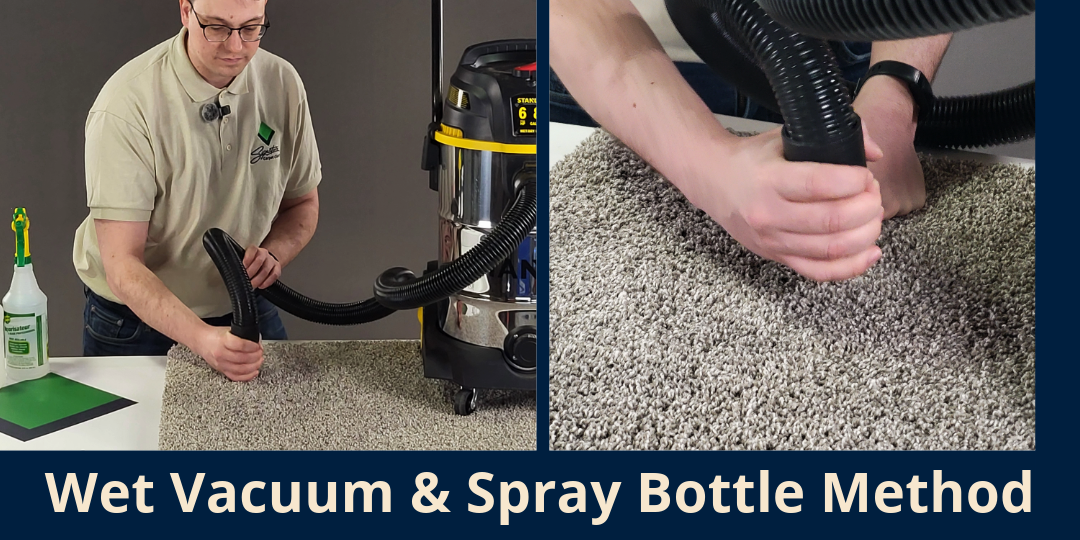 Wet vacuum &amp; spray bottle carpet stain removal method steps side by side images