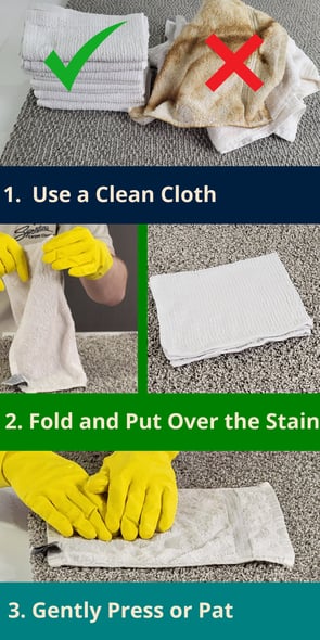 Blotting a carpet stain step by step: clean cloth, put on stain, Gently pat