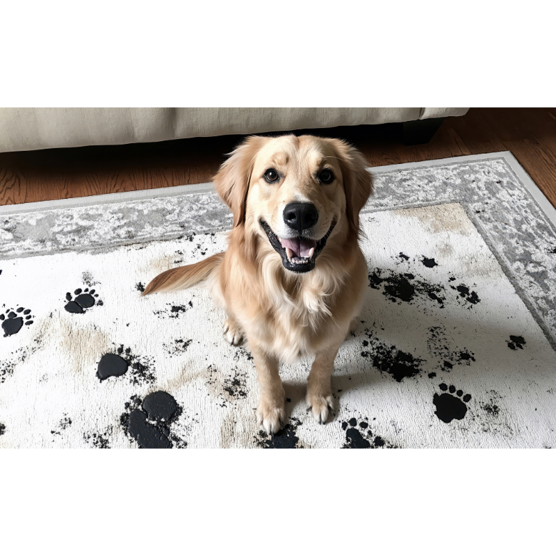 pet stains all over an area rug with a dog sitting on it