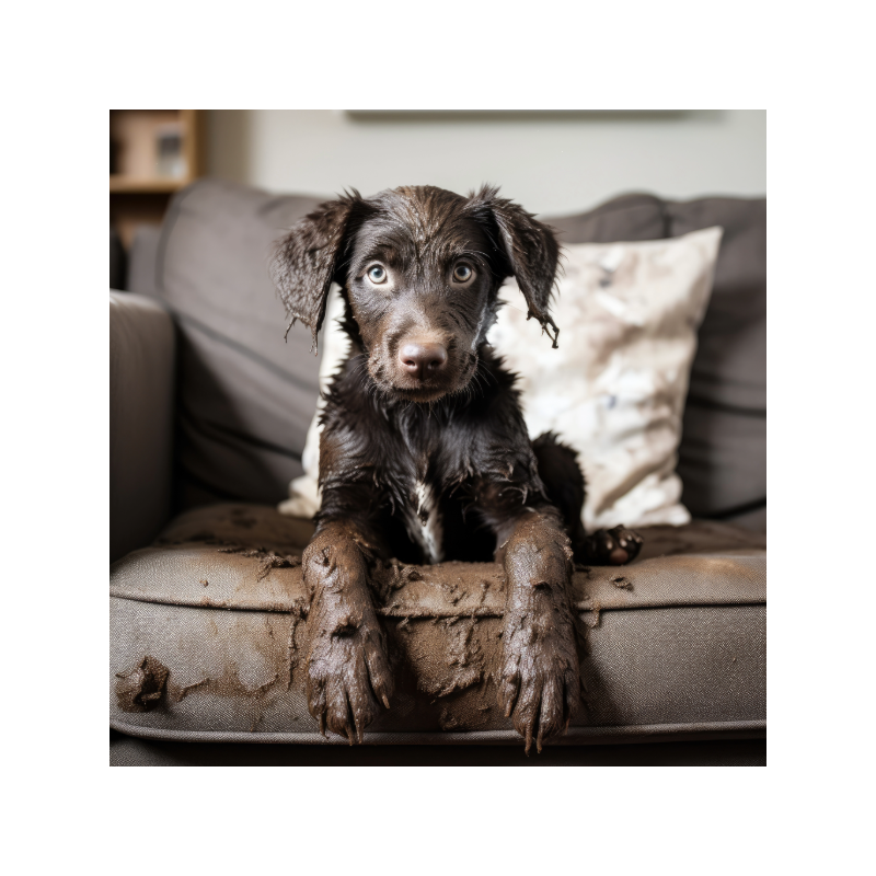 Muddy dog on a chair